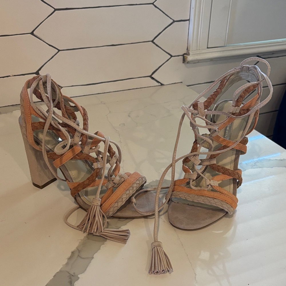 BCBGeneration Tan and Cream Lace-Up Heels